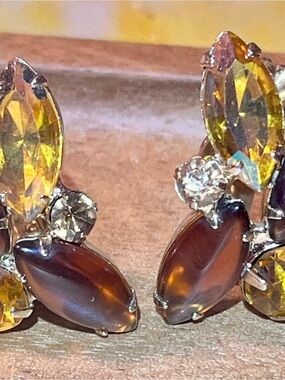 Crystal and Amber Marquise Clip-On Earrings - Brown and Yellow